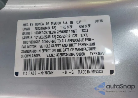 2015 Honda Cr-V Ex z USA, uszkodzony, nr VIN 3CZRM3H59FG708050